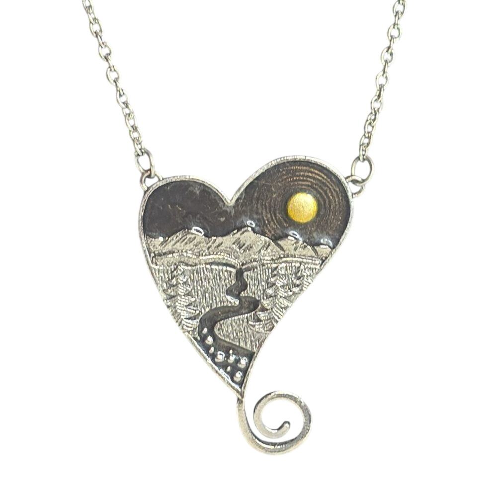 Silver Tone Metal Heart Necklace with Mountain and River; Bohemian Style jewelry